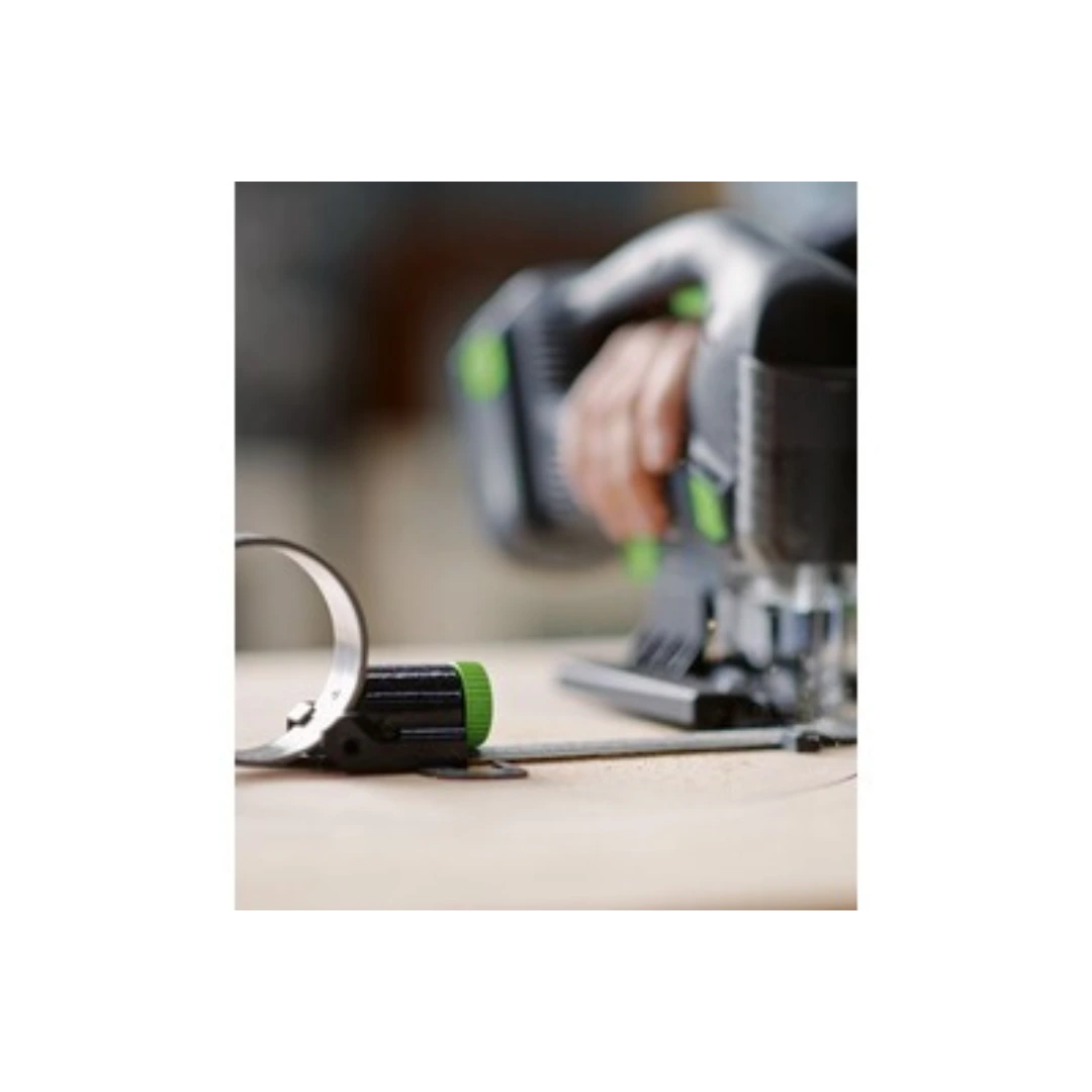 Close-up of Festool jigsaw with circle cutter accessory in use for precision wood cutting in power tool accessories collection