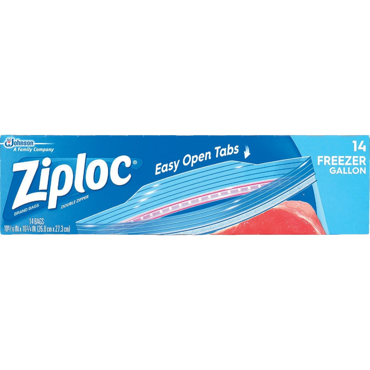 Blue box of gallon-size heavy-duty freezer bags with double zipper and easy open tabs for kitchen storage and organization