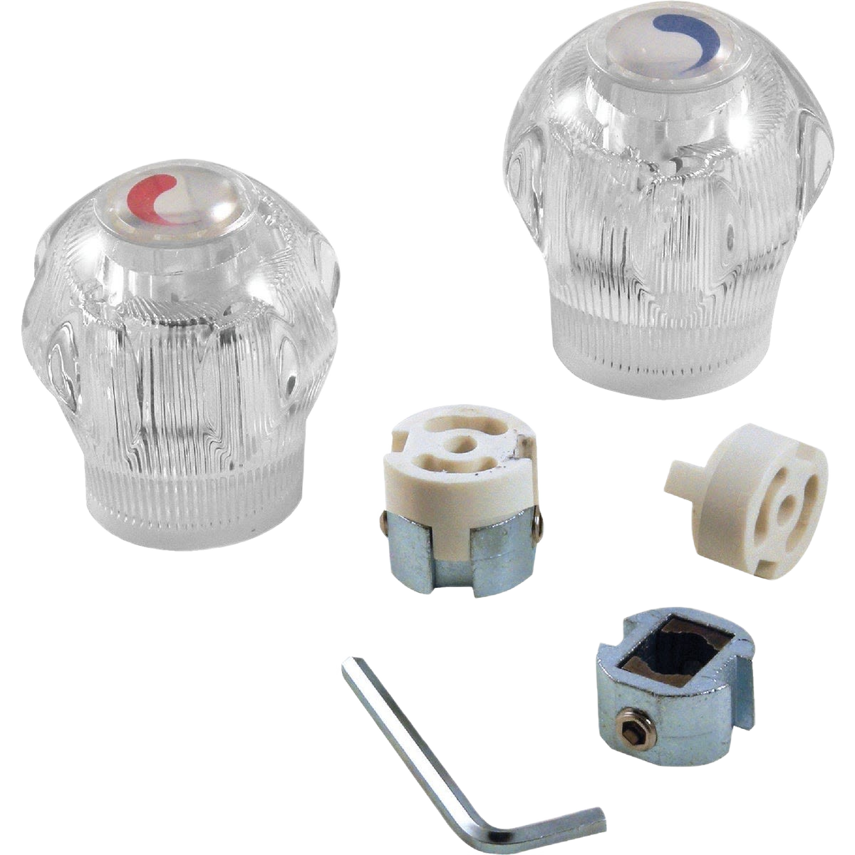 Set of clear acrylic faucet handles with hot and cold indicators plus metal and plastic installation parts for home improvement.
