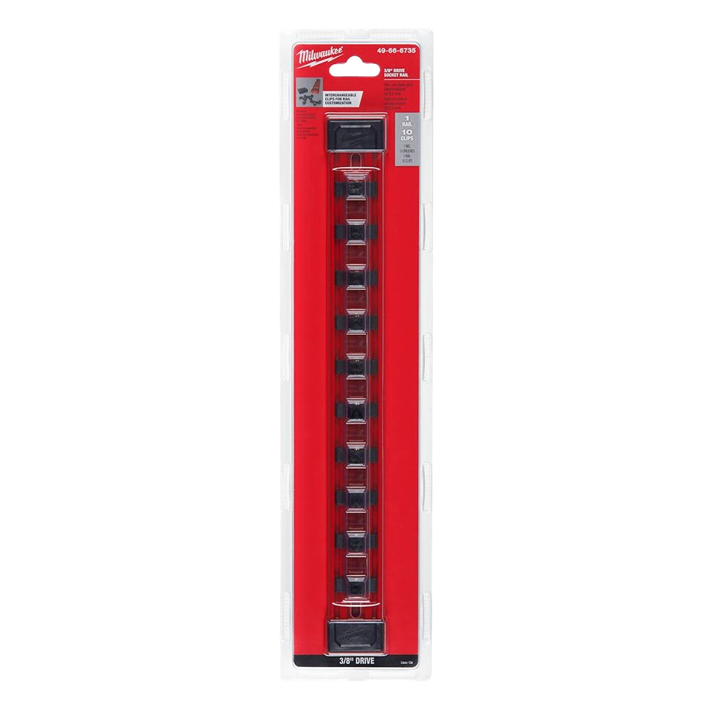 Red Milwaukee socket rail with metal ball detent clips for workshop organization and tool storage under $50
