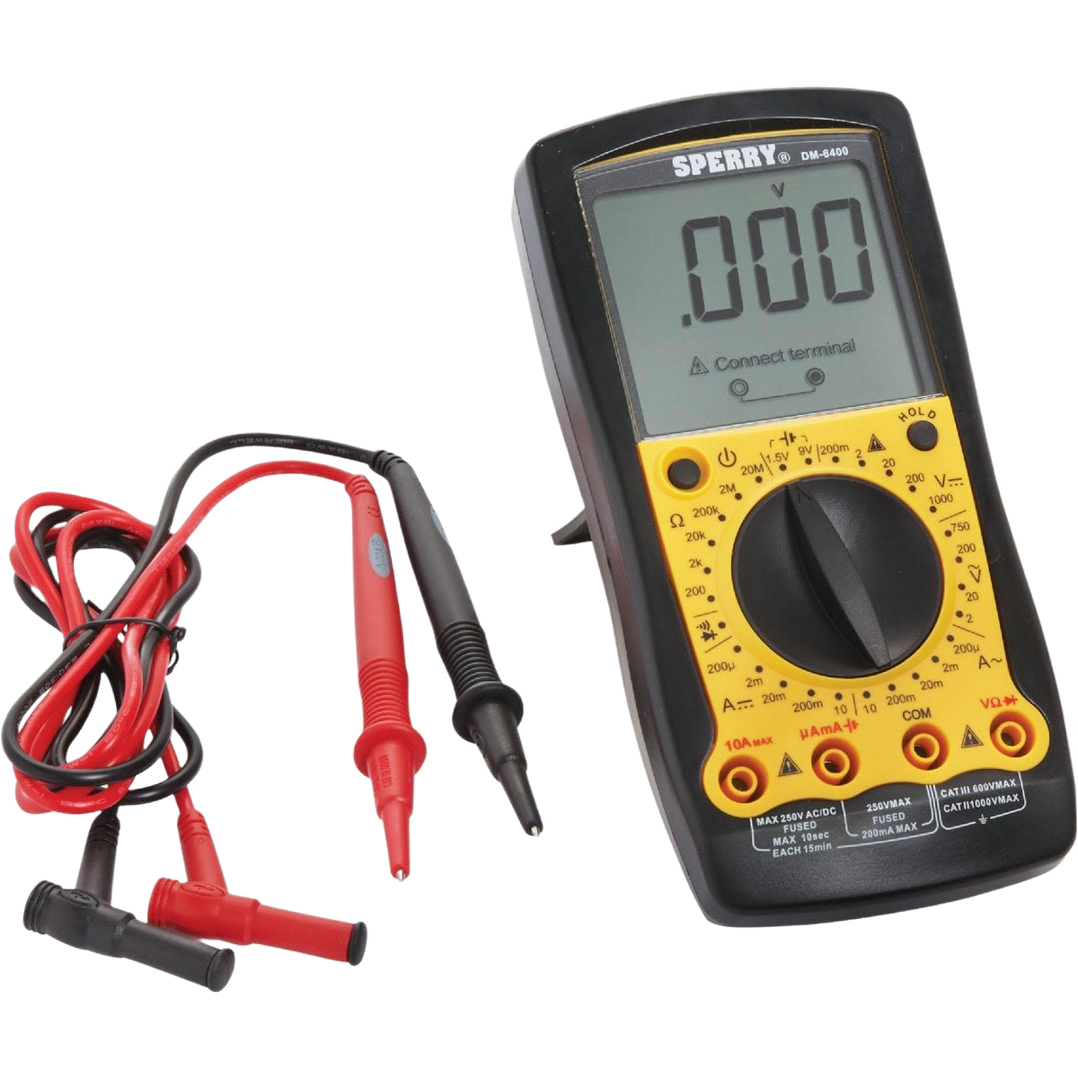 Digital multimeter with yellow and black casing and red and black test leads for electrical home improvement use