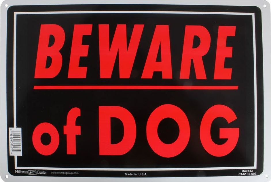 Black and red aluminum Beware of Dog sign with bold lettering for home improvement and hardware use