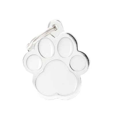 White paw-shaped pet ID tag with metal attachment ring for use in pet identification and care