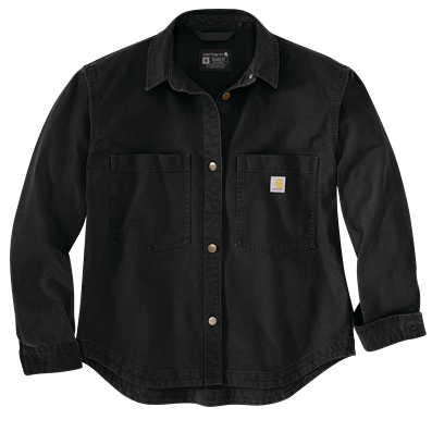 Black heavyweight duck overshirt with loose fit and snap closure, designed for women’s tops under $100 collection
