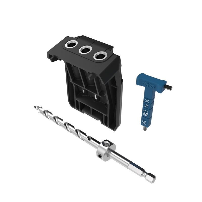 Compact drill guide kit with black plastic body, metal drill bit, and blue hex key for precision woodworking tasks
