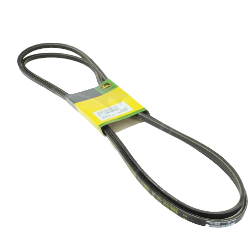 Pair of durable black V-belts with yellow John Deere branded packaging for automotive and mechanic tool use