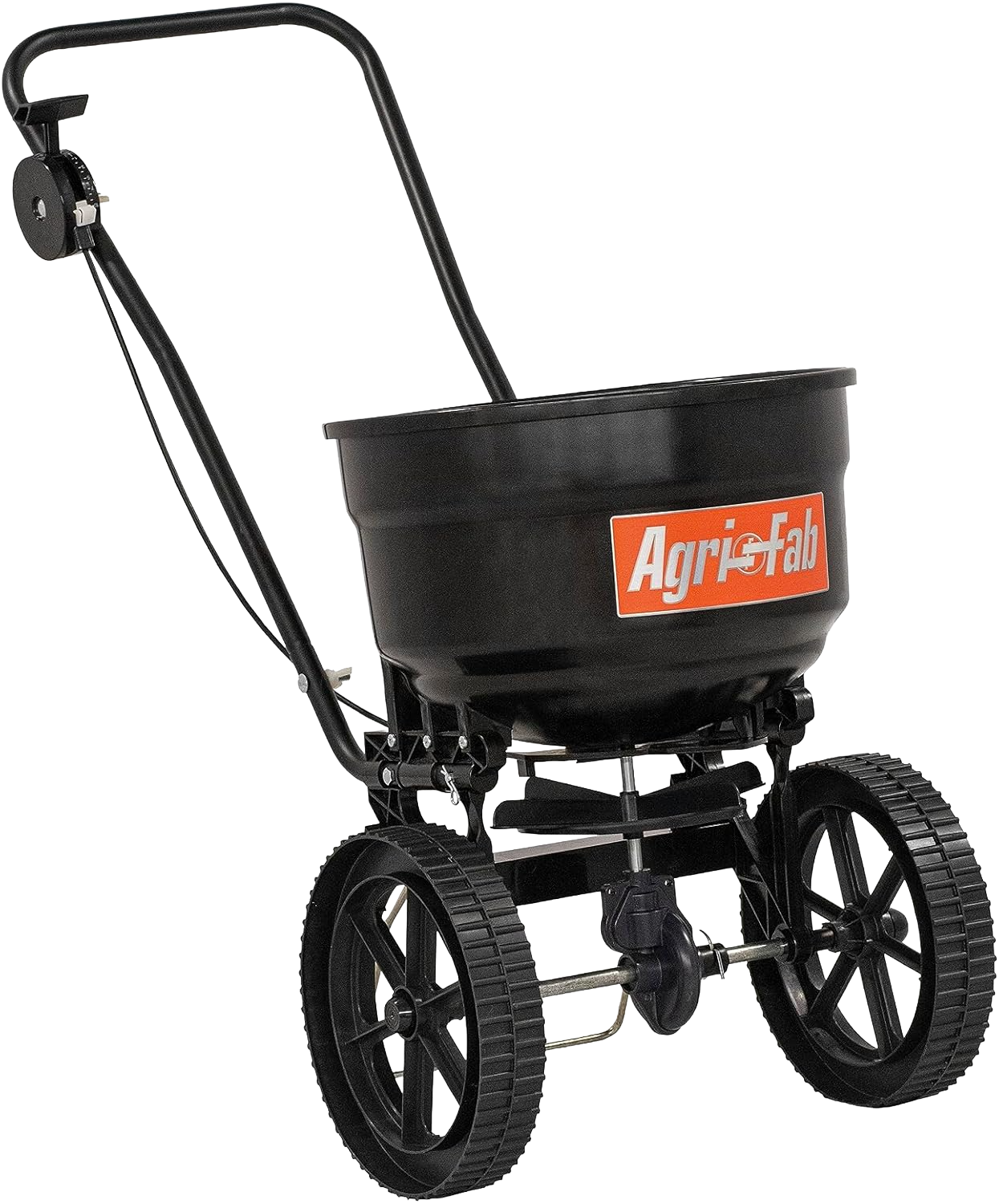 Black push spreader with large wheels and adjustable handle for even distribution in lawn care and home improvement tasks