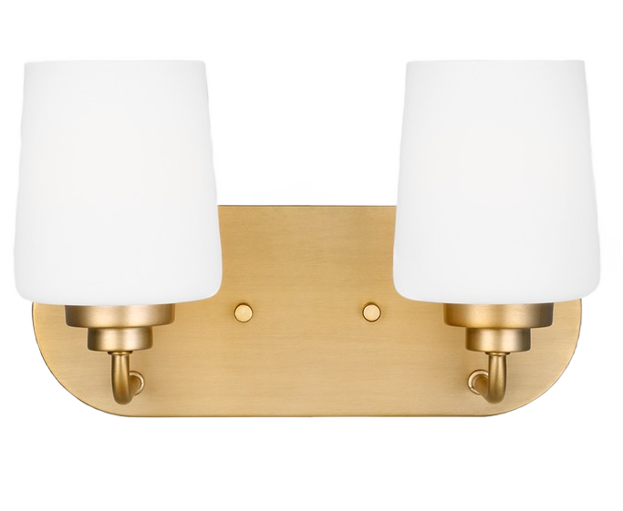 Two-light wall sconce with satin brass finish and white frosted glass shades for elegant home lighting