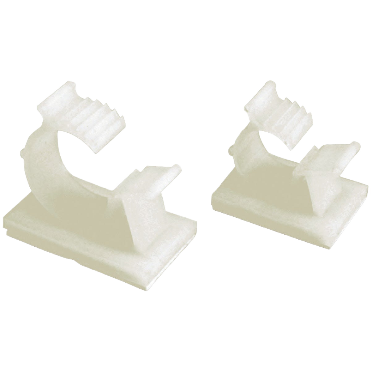 Adjustable white plastic wire clips with adhesive backing for organizing cables in electrical and home improvement projects