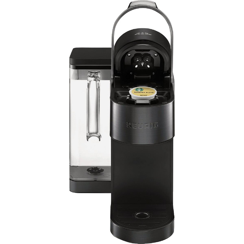 Black and stainless steel single-serve coffee brewer with clear water reservoir and pod holder open for brewing