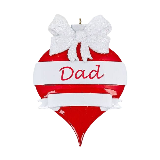 Red and white teardrop ornament with "Dad" lettering and white bow in Christmas Ornaments & Tree Decorations collection under $50
