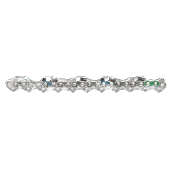 Semi-chisel saw chain segment designed for rapid cutting with low-kickback safety, ideal for saw accessories and tool collections