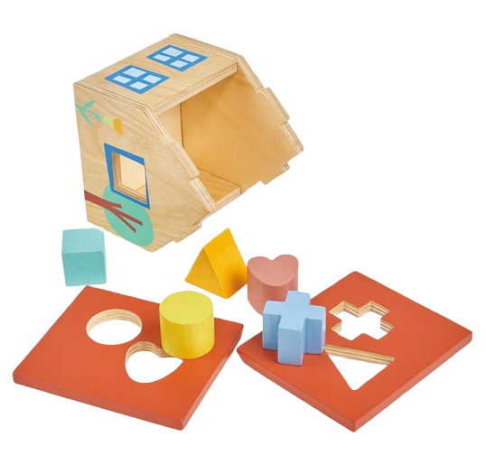 Wooden Mentari shape sorter house with pastel geometric blocks including cube, heart, cylinder, cross, and triangle shapes