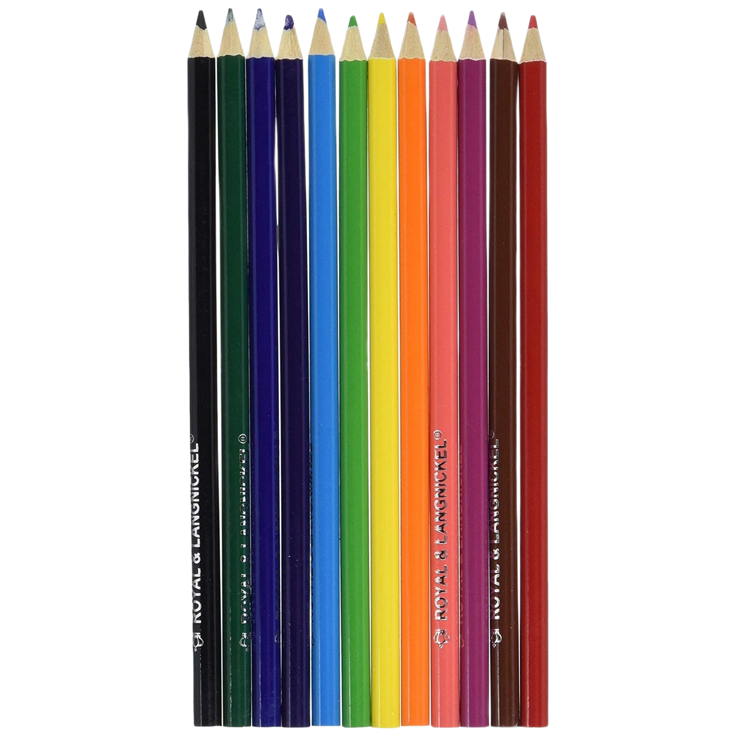 Set of twelve vibrant watercolor pencils arranged in a row with sharpened tips and smooth wooden barrels