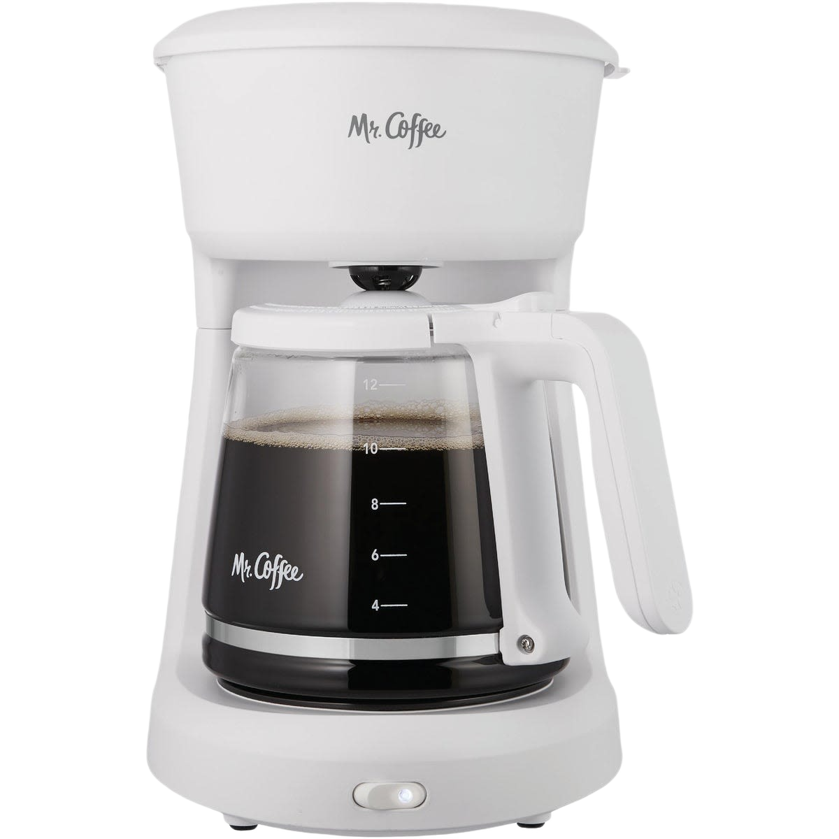 White drip coffee maker with glass carafe filled with black coffee and easy-pour handle for home use