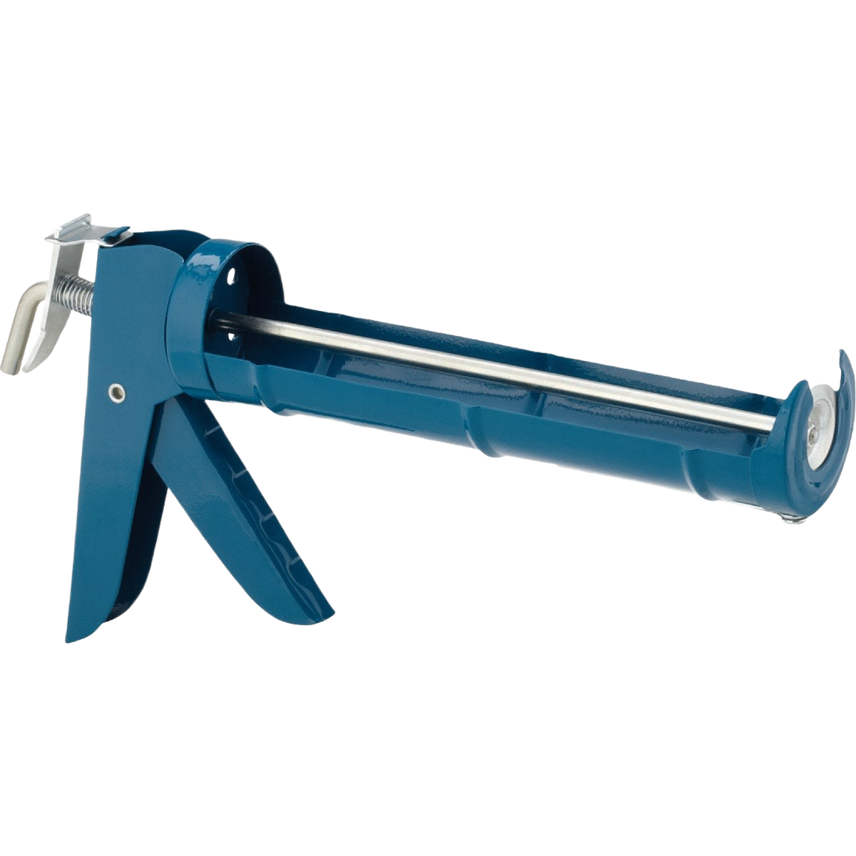 Metal and blue cradle caulk gun with ergonomic handle designed for precise application in home improvement projects
