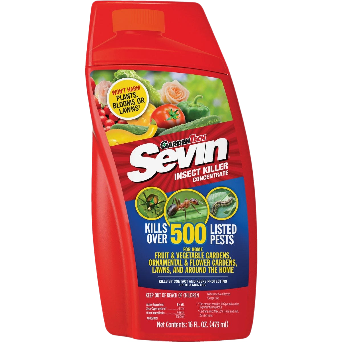 Red bottle of Garden Tech Sevin insect killer concentrate for pest control in lawn and garden collections under $50
