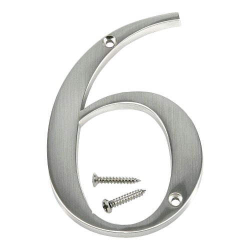 Flush mount nickel house number 6 with mounting screws for exterior use in hardware and home improvement collections