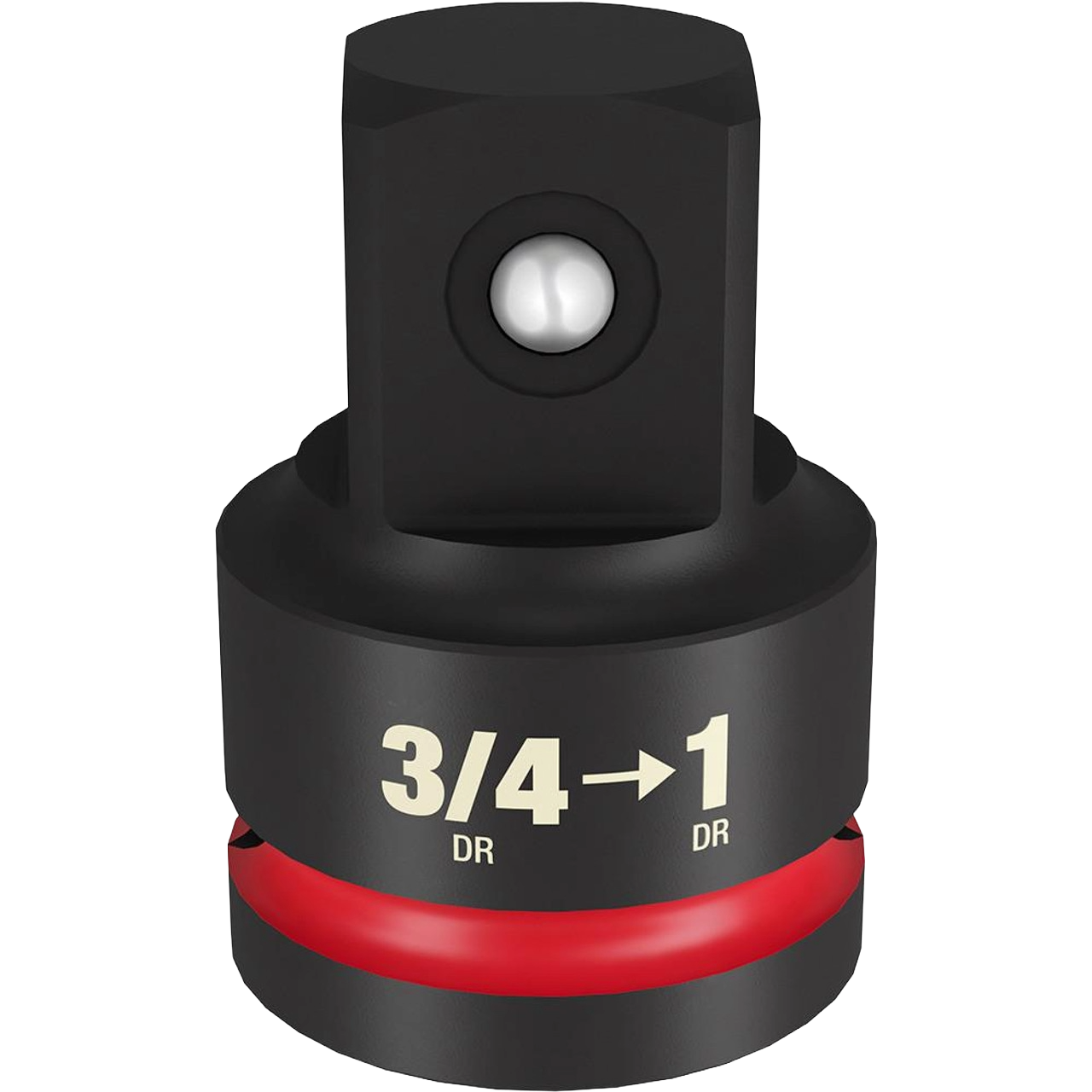 Black impact duty 3/4 inch to 1 inch drive adapter with red accent for tools and home improvement use