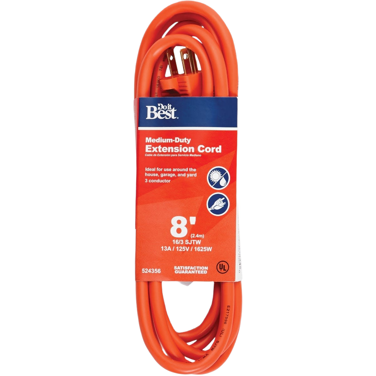 Orange medium-duty outdoor extension cord with 8-foot length for home improvement and yard use