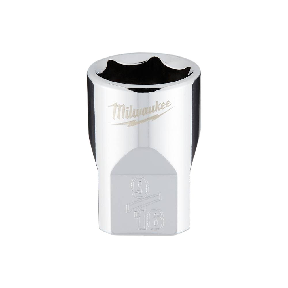 Chrome-finished 9/16-inch socket with FOUR FLAT™ sides to prevent rolling, for hand tools and home improvement use