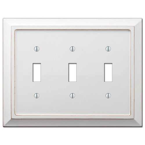Distressed white wooden 3-toggle wall plate with vintage style for electrical and home improvement collections