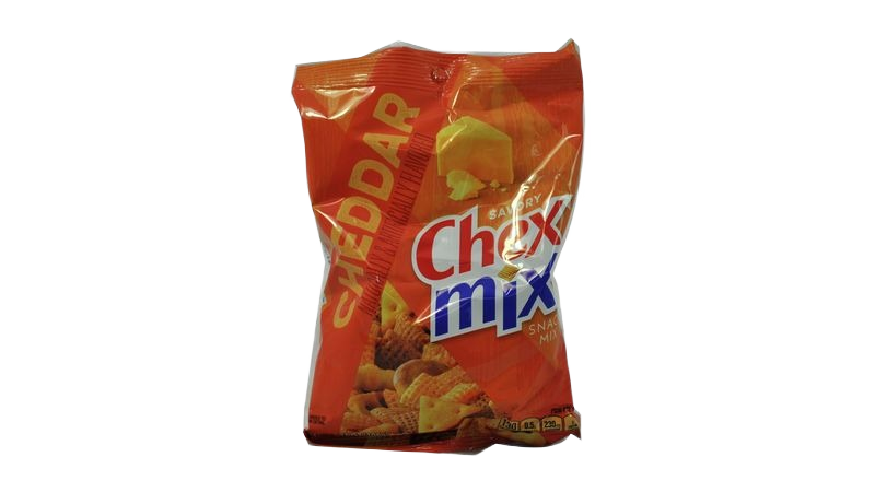 Snack-sized bag of cheddar-flavored Chex Mix with crunchy cereal, pretzels, and crackers in Food & Beverage collection