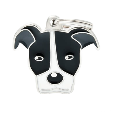 Black and white enamel pitbull-shaped pet ID tag with silver trim and keyring attachment for pet identification.