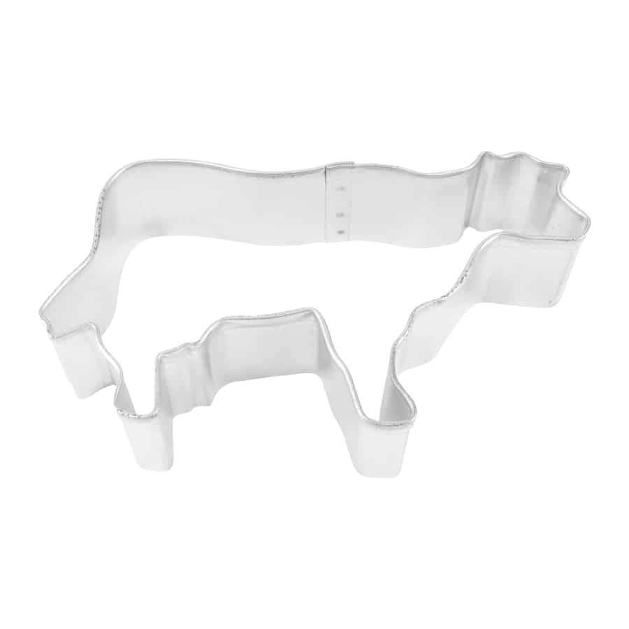 Metal cookie cutter shaped like a cow for baking and crafting projects, measuring 4.25 inches in length