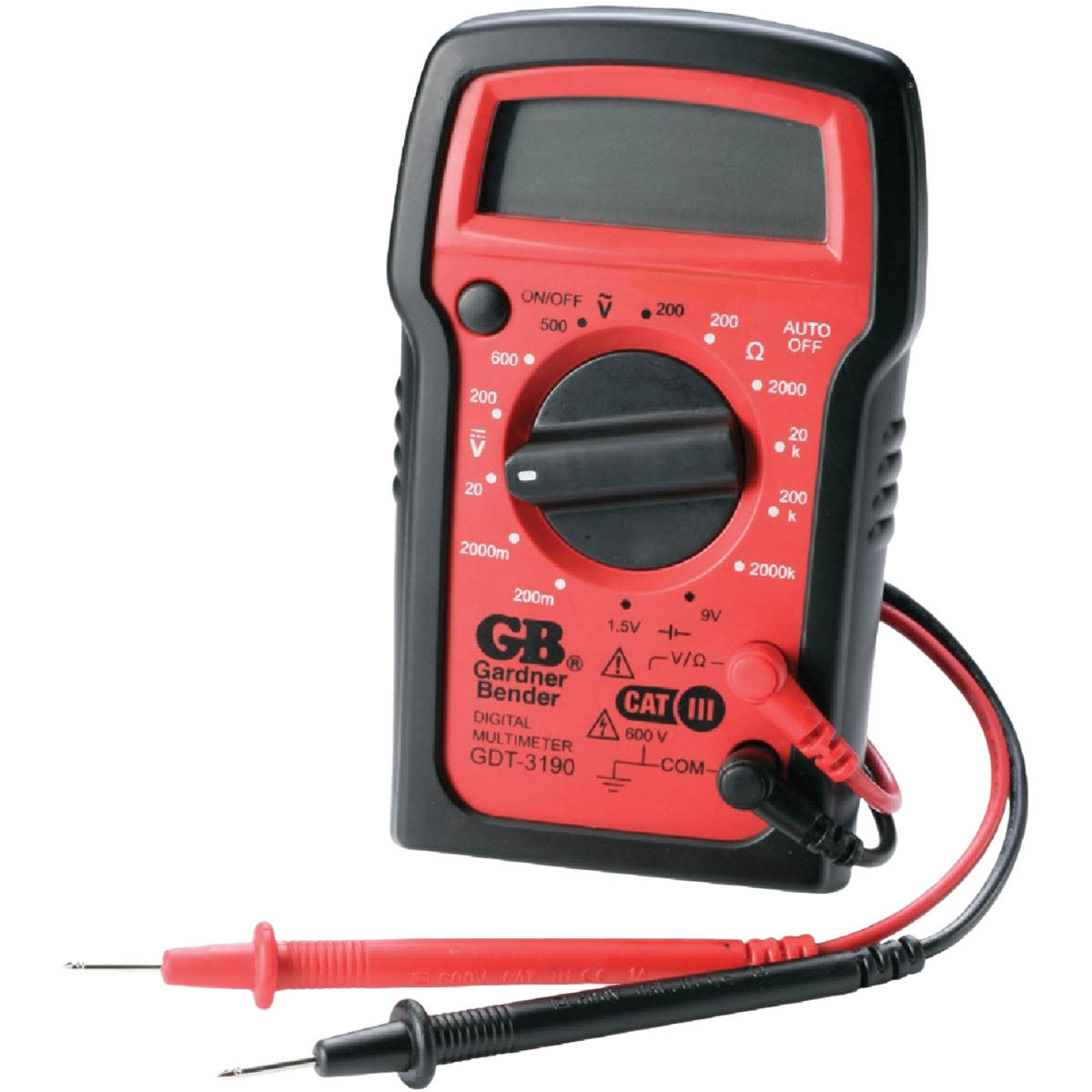 Compact digital multimeter with red and black probes for measuring voltage, current, and resistance in tools and home improvement.