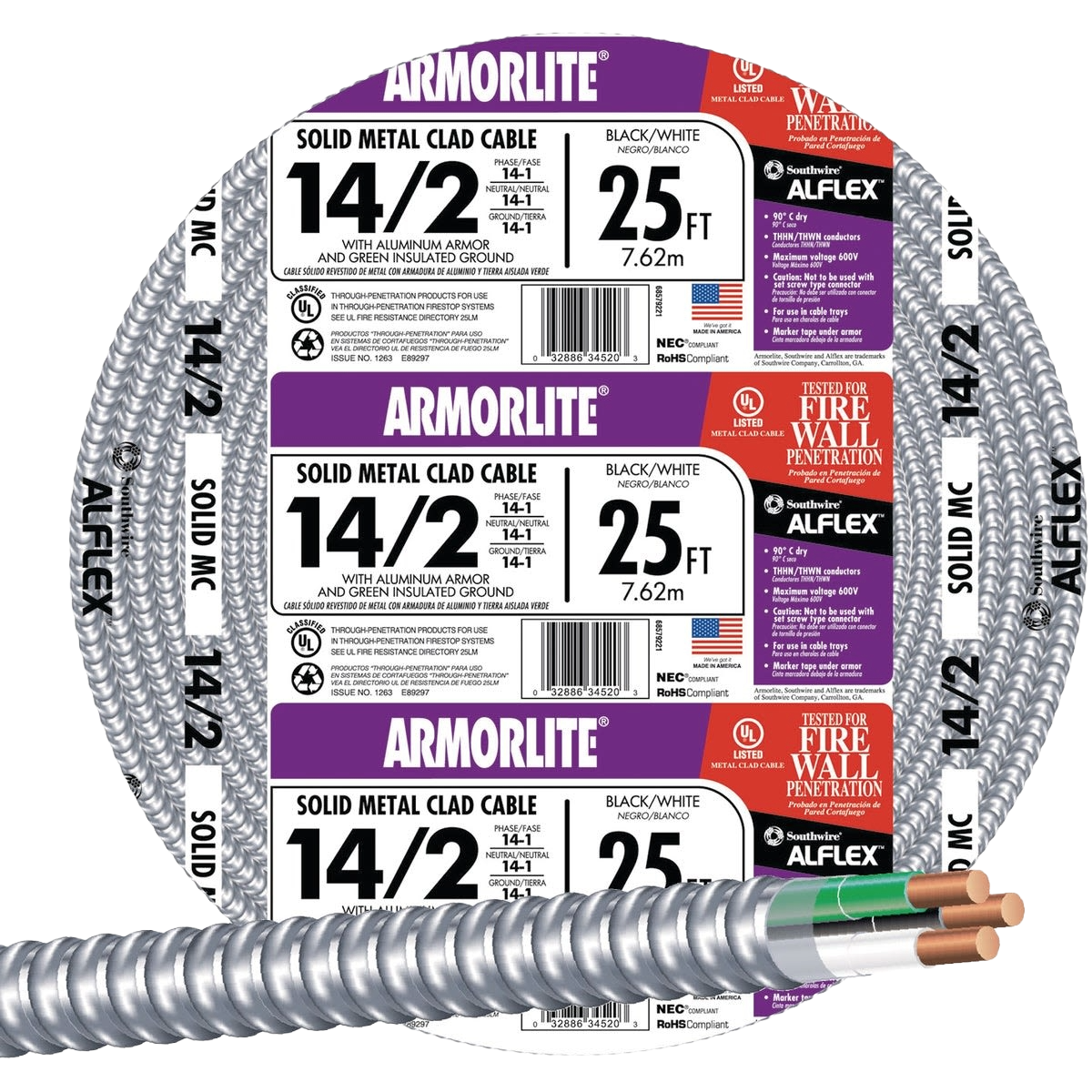 Coiled 25-foot 14/2 solid metal clad cable with aluminum armor for electrical and home improvement use.