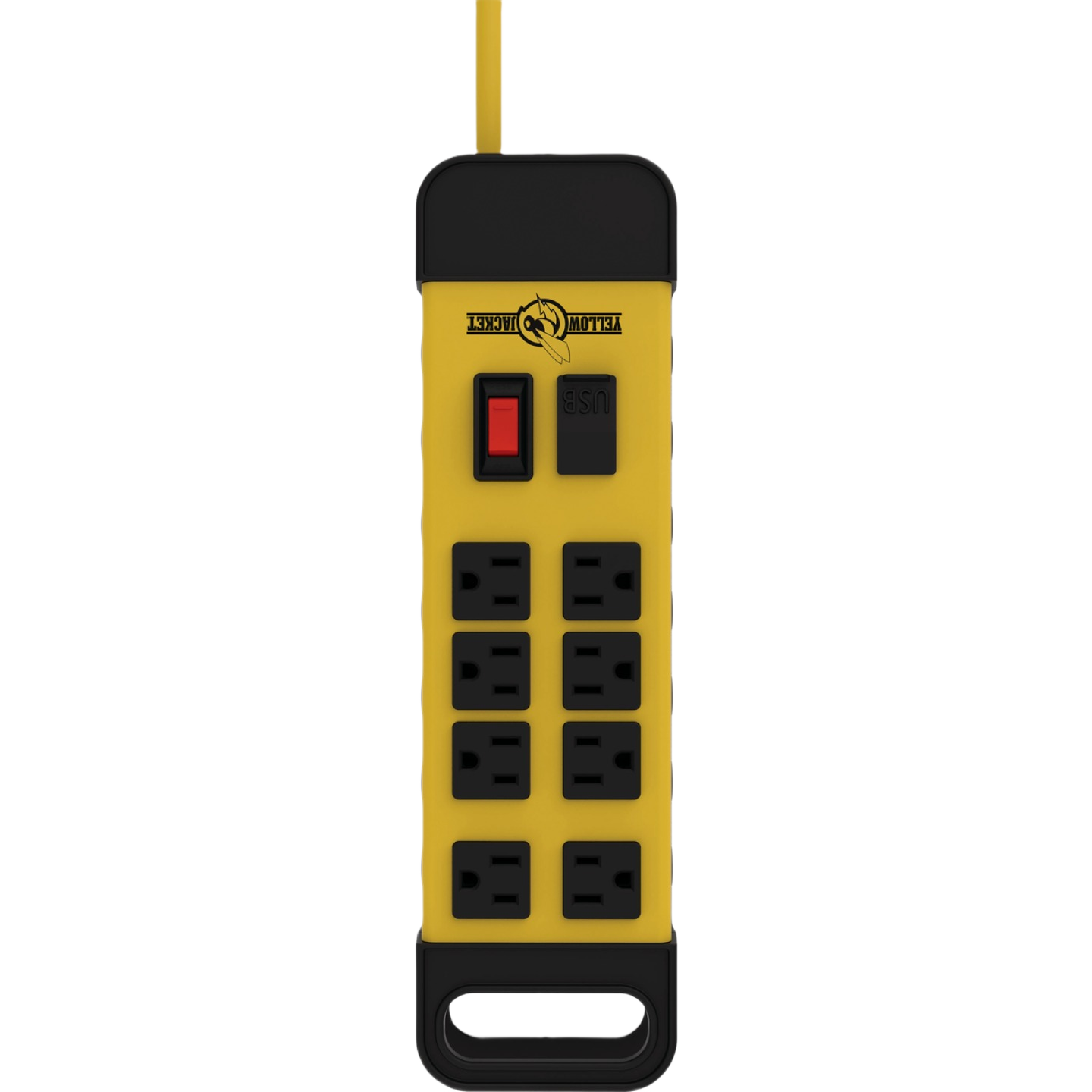 Yellow 8-outlet metal power block with 6 ft. cord, red switch, USB port, for electrical and home improvement tools.