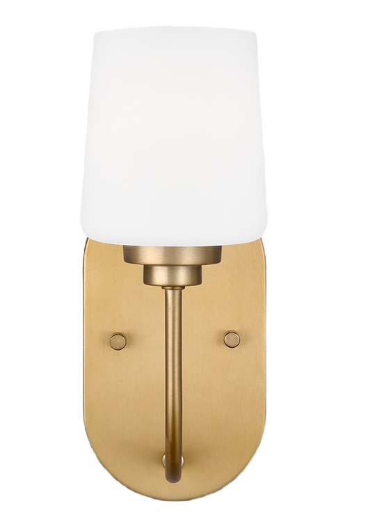 Single wall sconce with satin brass finish and etched glass shade for bathroom and vanity lighting collections