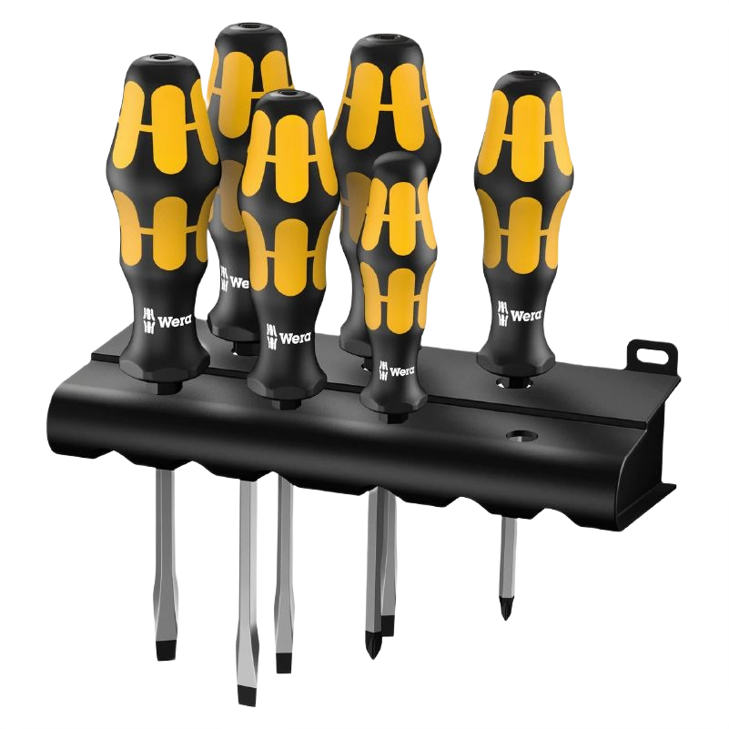 Set of six ergonomic screwdrivers with black and yellow handles in hand tools and fastening tools collections