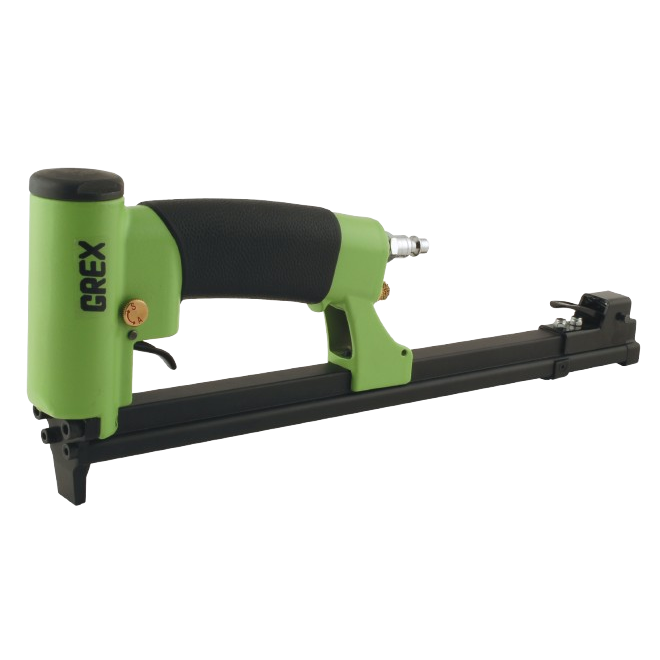 Green and black air-powered stapler with long magazine grip for tools and home improvement tasks