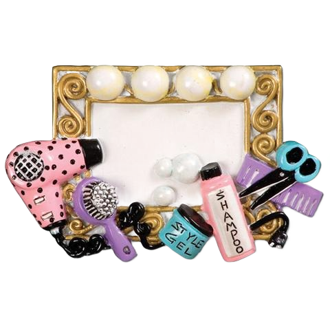Colorful hair stylist-themed ornament with hair dryer, brush, scissors, comb, and hair products, festive tree decoration under $50