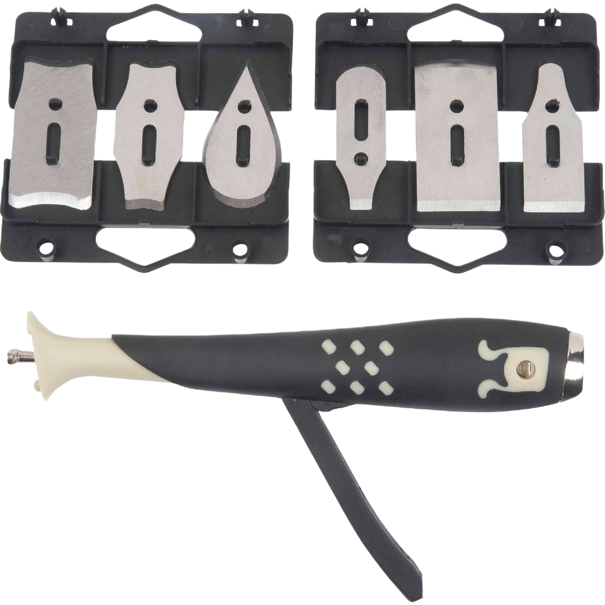 Set of six stainless steel scraper blades and an ergonomic handle for versatile home improvement and paint supply tasks