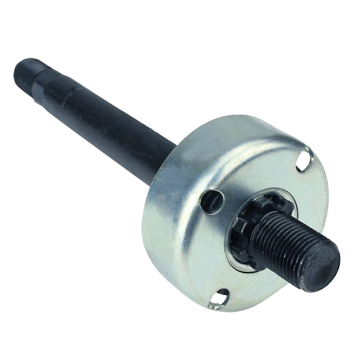Black steel spindle shaft with silver mounting flange and threaded end for lawn mower blade assembly in tools use
