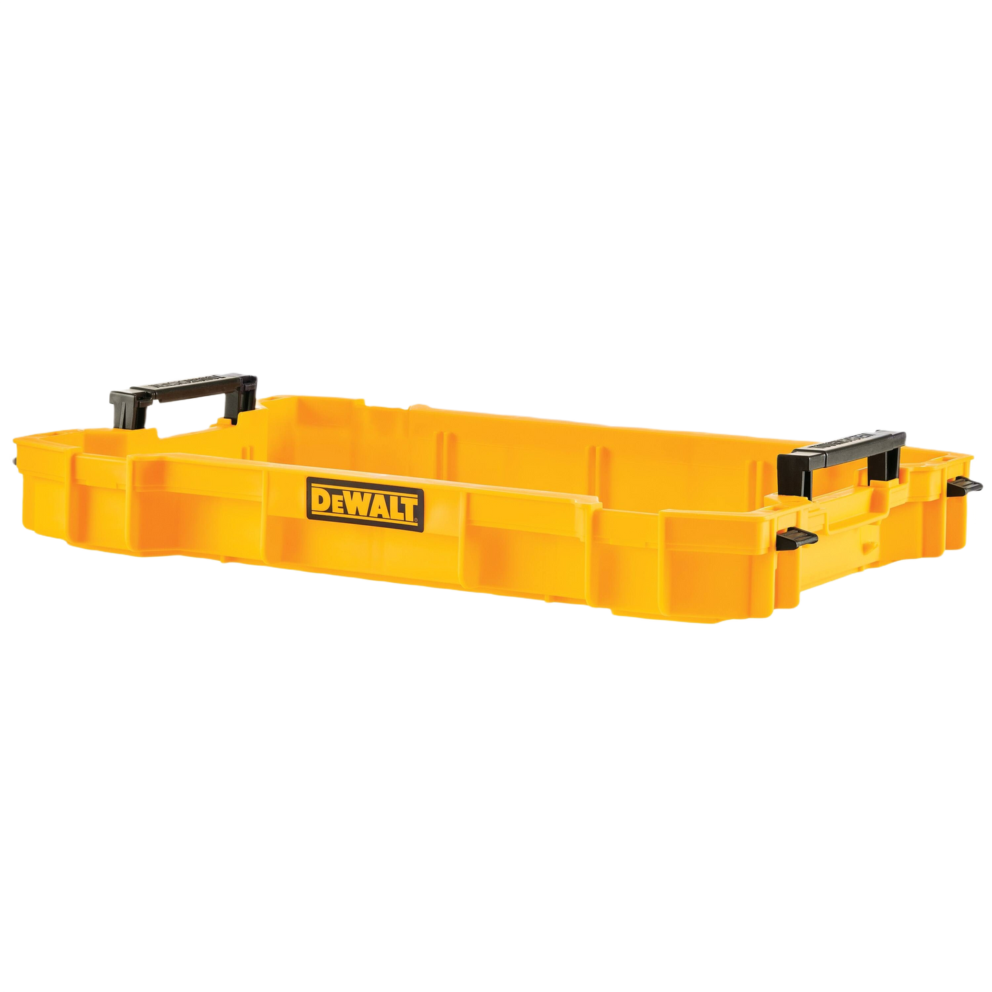 Yellow shallow toolbox tray with black handles for workshop and jobsite tool storage and organization projects