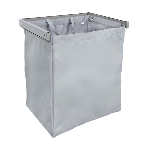 Gray fabric hamper with nickel frame designed for flexible storage and organization in dorm and home settings