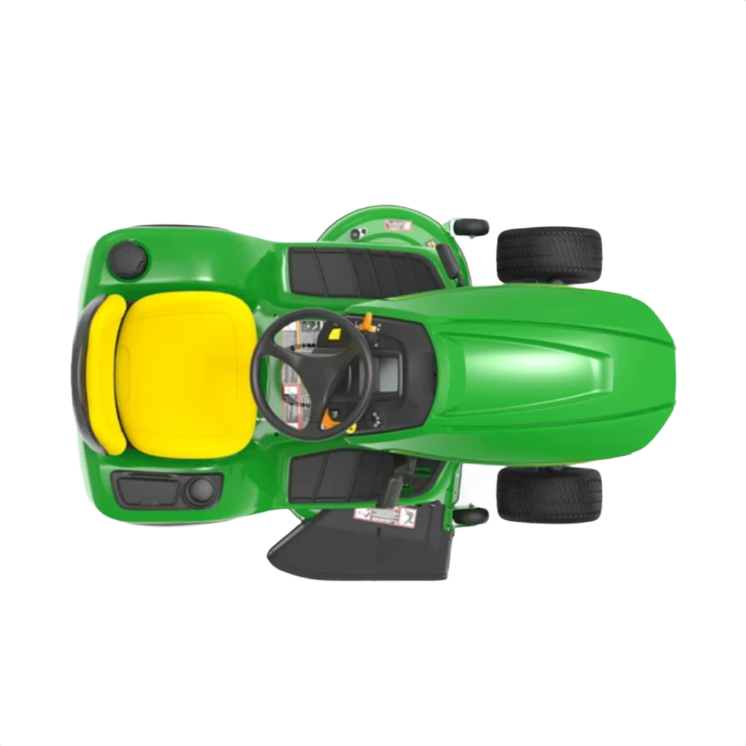 Top-down view of green and yellow riding lawn tractor with ergonomic seat for outdoor power equipment and lawn care tools