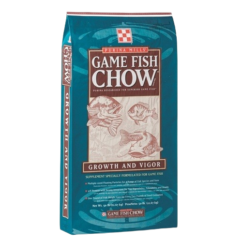 Bag of Purina Game Fish Chow featuring illustrations of fish, designed to promote growth and vitality in game fish.
