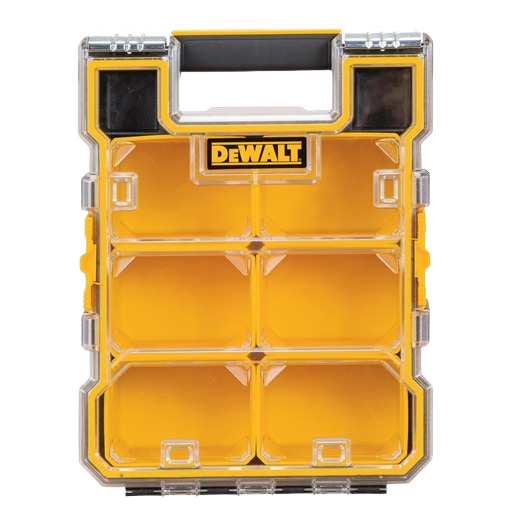 Yellow and black compact storage organizer with clear impact-resistant lid and metal latches for tool and parts storage
