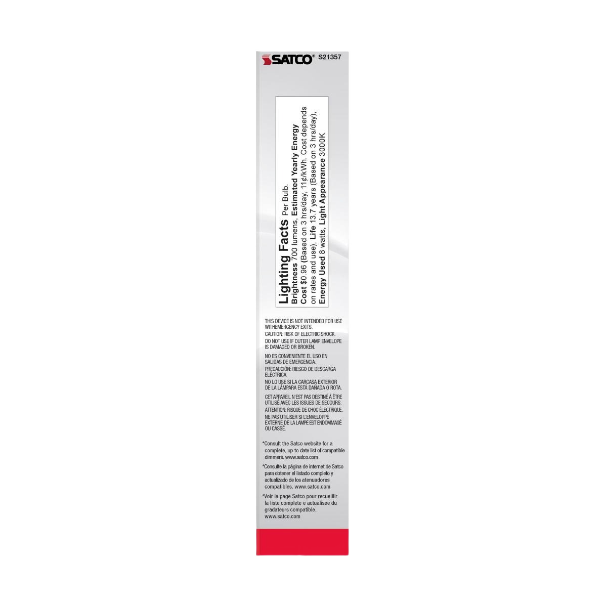 Packaging of Satco 8 watt T9 LED bulb showing lighting facts and energy cost details for home improvement collections