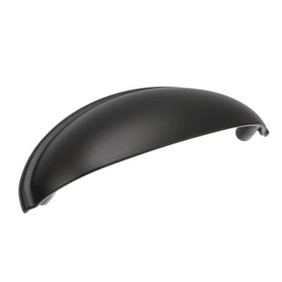 Matte black 3-inch center cabinet cup pull for hardware and furniture accessories under $50 in home improvement.