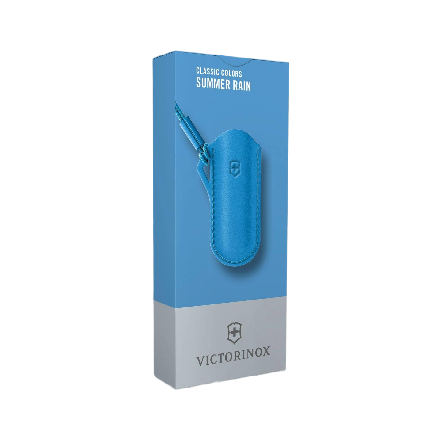 Blue leather Victorinox pouch with embossed logo and cord for compact tool protection and storage in home improvement projects