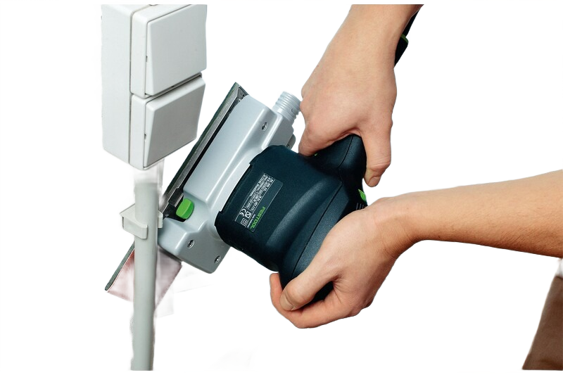 Person holding a Festool sanding tool with ergonomic grip for woodworking and home improvement projects under $100