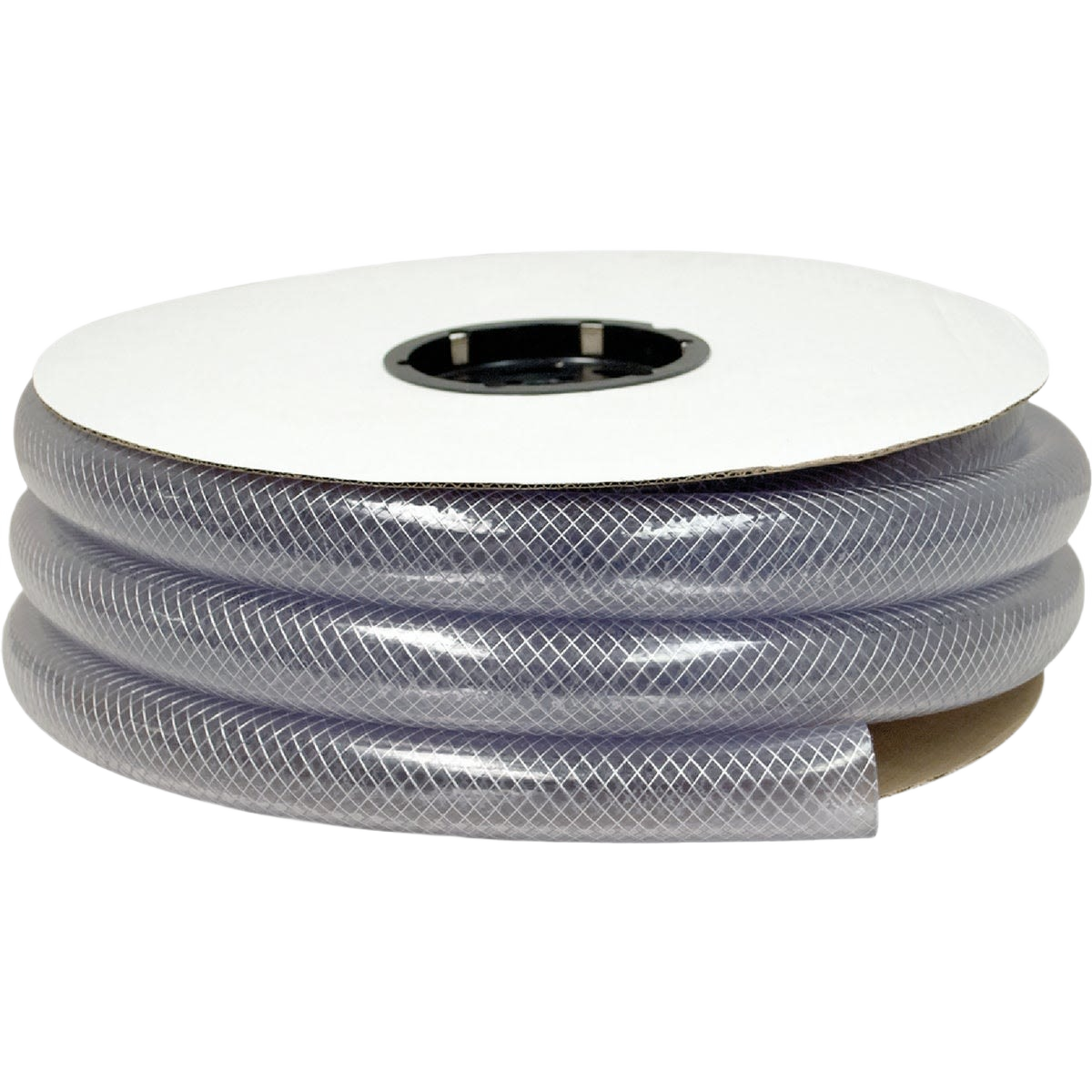 Clear braided PVC tubing coil, durable for plumbing parts and repair, suitable for home improvement and tools collection.