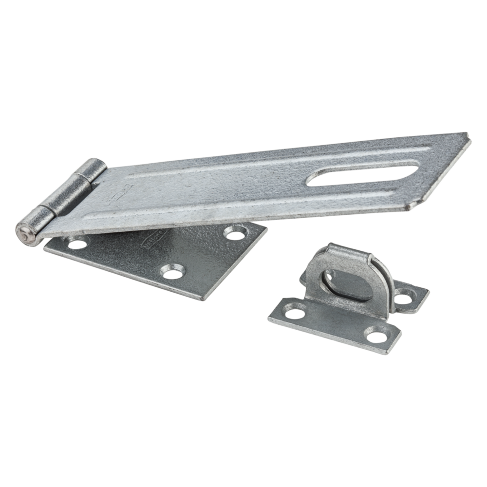 Galvanized steel safety hasp with mounting plates for secure door or gate fastening in hardware and door accessories collections