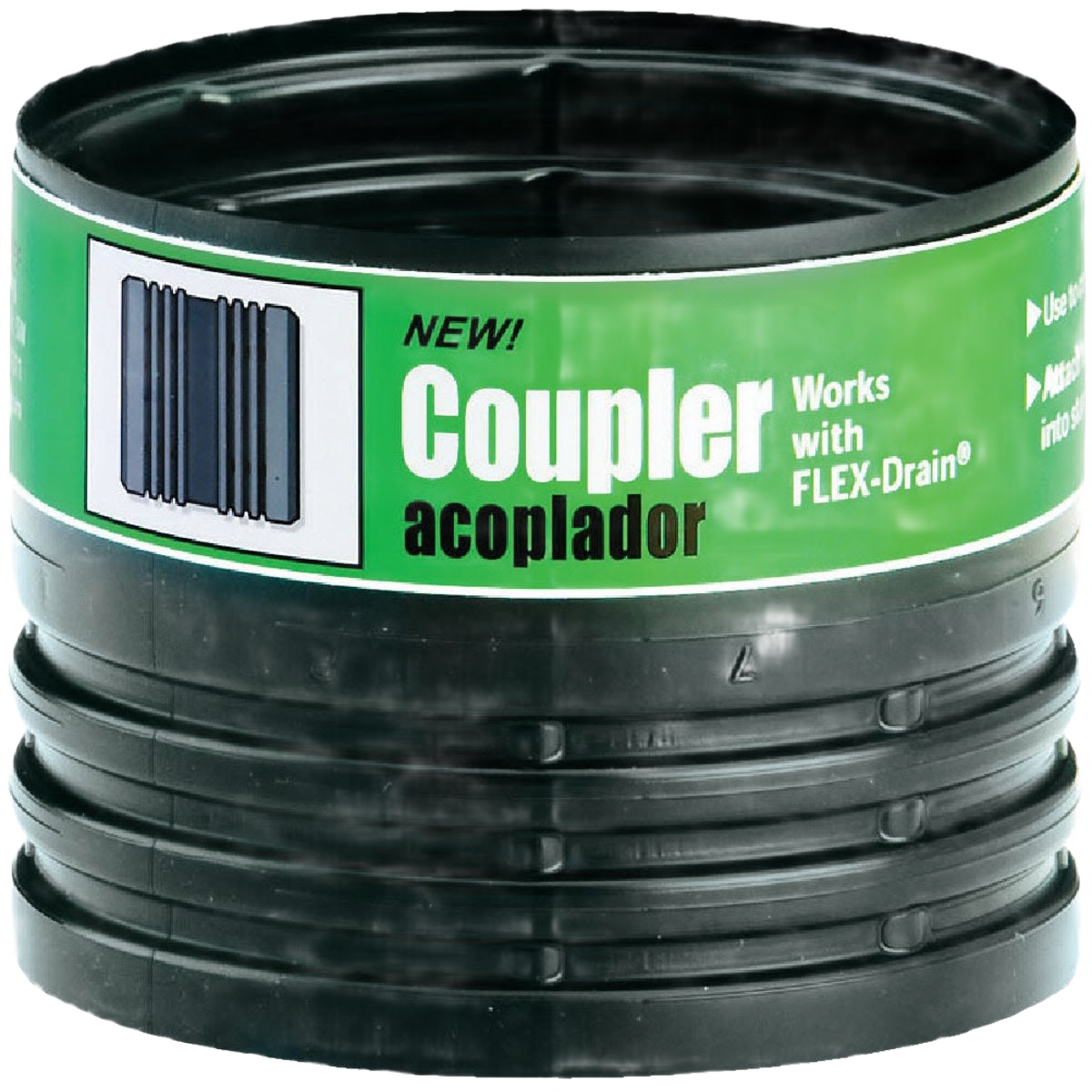 Black corrugated plastic flex-drain coupler with green label for plumbing and pipes & fittings collections under $50